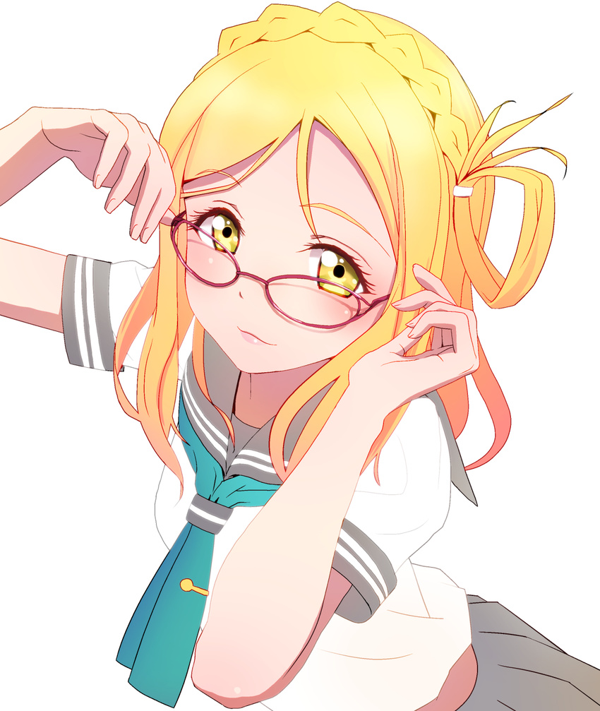 :3 adjusting_eyewear bespectacled blonde_hair braid commentary_request crown_braid female glasses hair_ornament hair_rings hairpin hand_on_eyewear highres looking_at_viewer love_live! love_live!_sunshine!! mocha_(snowflake) neckerchief ohara_mari red-framed_eyewear scarf school_uniform serafuku short_sleeves simple_background skirt solo tie_clip uranohoshi_school_uniform white_background yellow_eyes