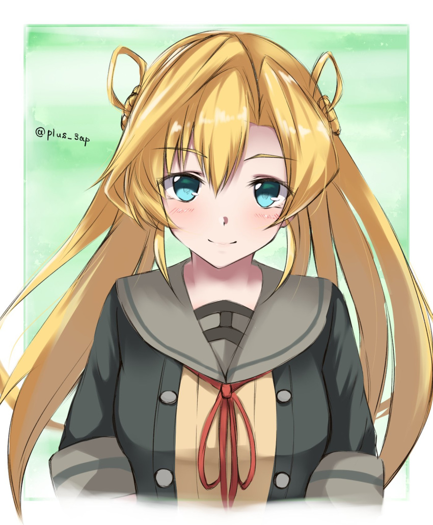 abukuma_(kancolle) abukuma_kai_ni_(kancolle) black_jacket blonde_hair blue_eyes commentary_request double_bun female grey_sailor_collar hair_between_eyes hair_bun hair_rings highres jacket kantai_collection long_hair looking_at_viewer neck_ribbon red_ribbon ribbon sailor_collar saplus school_uniform serafuku short_sleeves smile solo split_mouth twitter_username upper_body