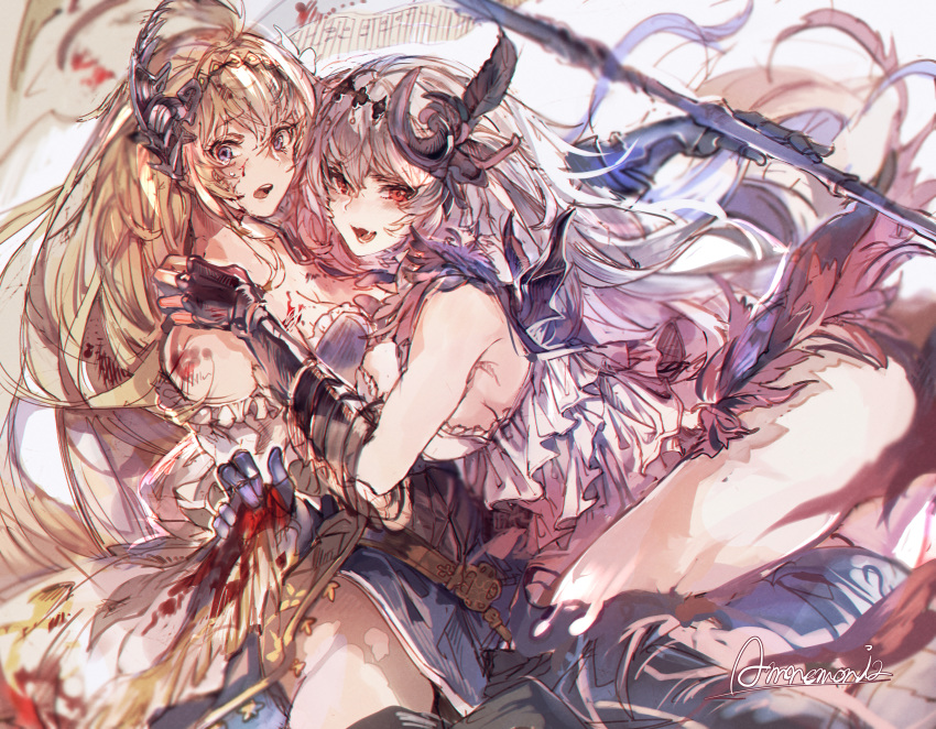 2girls absurdres am_(nmc_cc) ass bare_shoulders battle_standard blonde_hair blood blood_on_breasts blood_on_clothes blood_on_face blue_eyes blush boots breasts camisole collarbone commentary_request dark_jeanne dual_persona feather_hair_ornament feathers gauntlets granblue_fantasy hair_between_eyes hair_ornament hairband highres jeanne_d'arc_(granblue_fantasy) long_hair looking_at_viewer multiple_girls open_mouth red_eyes saliva sideboob signature skirt_hold tears white_hair