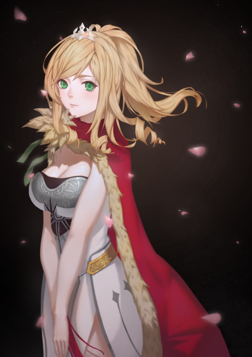 absurdres angelia_carlos birkai black_background blonde_hair breasts cape cleavage commentary_request female green_eyes highres long_hair looking_at_viewer medium_breasts photoshop_(medium) red_cape sdorica smile solo standing tiara