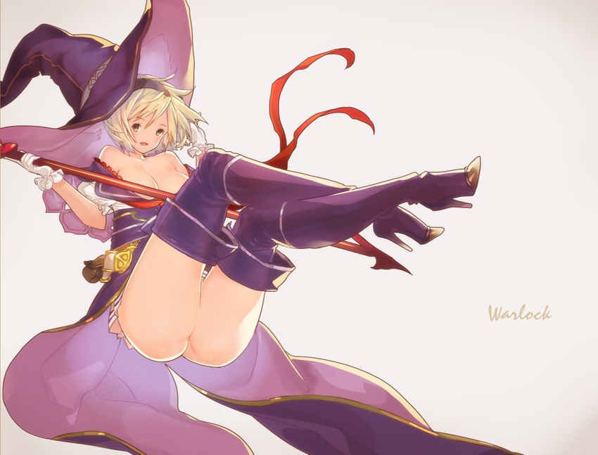 ass bad_proportions bare_shoulders blonde_hair boots breasts commentary_request djeeta_(granblue_fantasy) dress female flat_ass gloves granblue_fantasy hairband hat high_heel_boots high_heels koza_game looking_at_viewer off_shoulder open_mouth protected_link puffy_short_sleeves puffy_sleeves purple_footwear purple_hat sash short_hair short_sleeves smile solo staff thigh_boots thighhighs warlock_(granblue_fantasy) white_gloves witch_hat