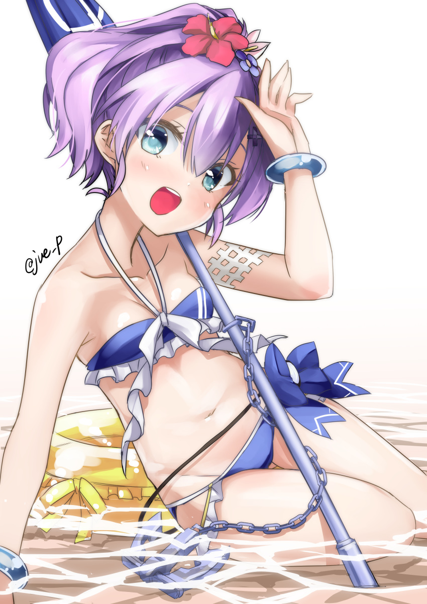 absurdres anchor azur_lane bikini blush bracelet chains collarbone commentary_request female flower hair_between_eyes hair_flower hair_ornament highres innertube javelin_(azur_lane) javelin_(spear) jewelry looking_at_viewer open_mouth purple_eyes purple_hair short_hair sitting smile solo swim_ring swimsuit water yuuki_eishi