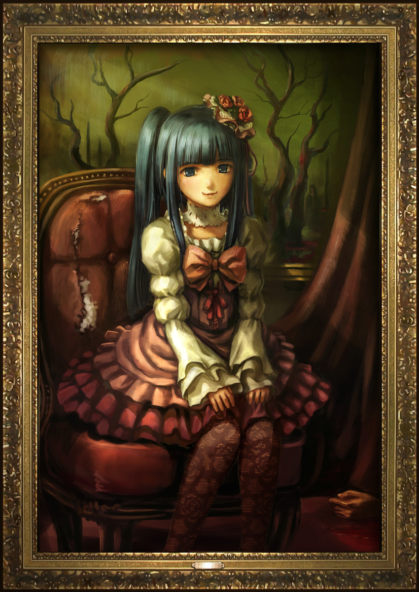 absurdres blue_eyes blue_hair blunt_bangs bow chair choker cross-laced_clothes cross-laced_skirt curtains ekusa_takahito end_of_the_golden_witch feet_out_of_frame female flower framed frilled_skirt frills furudo_erika hair_flower hair_ornament high-waist_skirt highres lolita_fashion official_art painting_(object) pantyhose pink_bow portrait_(object) ribbon sitting skirt smile solo throne too_many too_many_frills twintails umineko_no_naku_koro_ni v_arms when_you_see_it