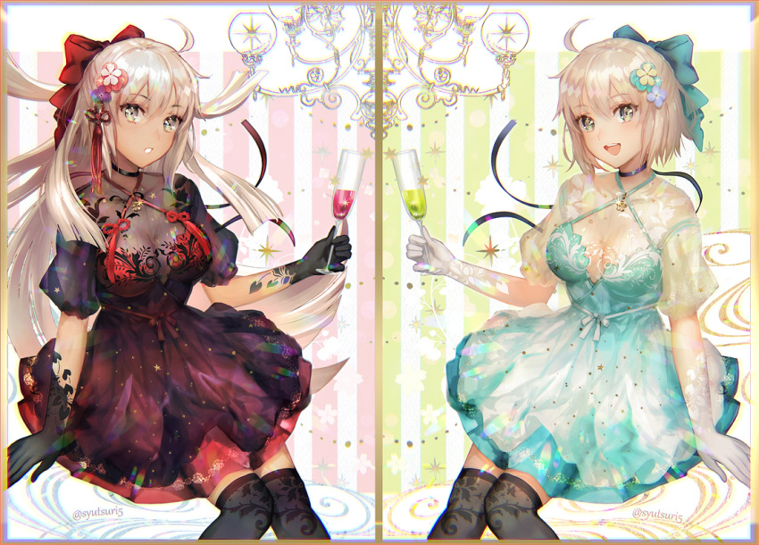 2girls :d :o adapted_costume ahoge alternate_costume bad_id bad_pixiv_id black_choker black_dress black_thighhighs blonde_hair blue_dress blue_ribbon breasts champagne_flute choker commentary_request cup dress drinking_glass dual_persona fate/grand_order fate_(series) glint gloves grey_eyes hair_ornament hair_ribbon holding holding_cup jewelry large_breasts long_hair looking_at_viewer multiple_girls necklace okita_souji_(fate) okita_souji_(koha-ace) okita_souji_alter_(fate) open_mouth over-kneehighs parted_lips photoshop_(medium) puffy_short_sleeves puffy_sleeves purple_choker red_ribbon ribbon round_teeth short_hair short_sleeves shutsuri sitting smile tassel teeth thighhighs white_gloves