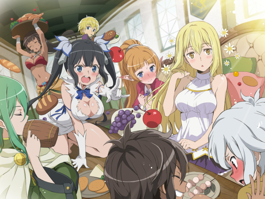 2boys 6+girls absurdres aiz_wallenstein apple bad_id bad_pixiv_id bare_shoulders barefoot bell_cranel black_hair blonde_hair blue_eyes blue_ribbon blush bread breasts brown_hair cape chicken_(food) cleavage cleavage_cutout clothing_cutout commentary_request cookie cup dark-skinned_female dark_skin dress dungeon_ni_deai_wo_motomeru_no_wa_machigatteiru_darou_ka elf finn_deimne food fruit gloves grapes green_hair hamburger_steak hestia_(danmachi) highres holding holding_cup holding_plate jewelry large_breasts lefiya_viridis long_hair looking_at_another m2_(guvn5745) medium_breasts midriff multiple_boys multiple_girls navel necklace official_style on_table open_mouth plate pointing pointy_ears ponytail red_eyes rei_no_himo ribbon riveria_ljos_alf sandwich short_hair sitting sword_oratoria table tiona_hyryute tione_hyryute twintails v-shaped_eyebrows white_dress white_gloves white_hair yellow_eyes