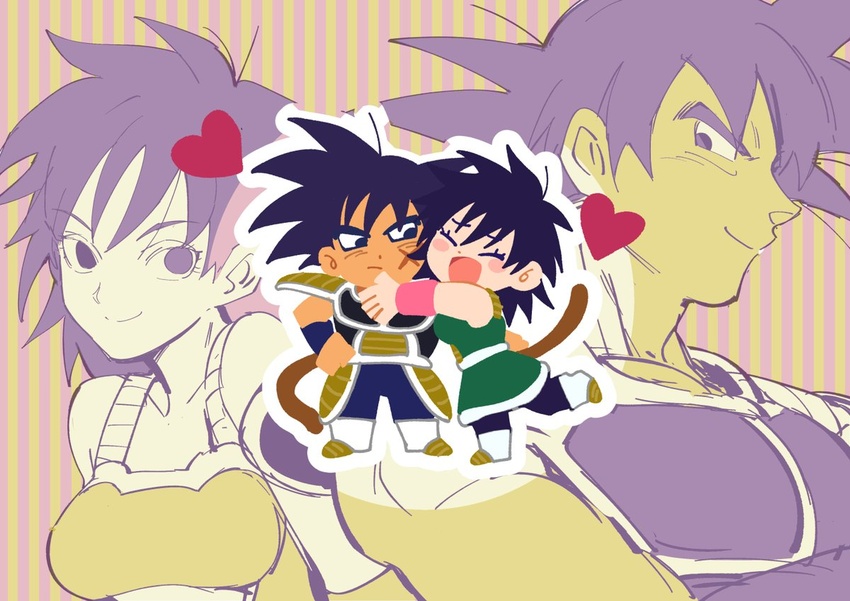 1boy :/ :d ^_^ armor bardock black_eyes black_hair blush blush_stickers boots breasts chibi chuya_hukuaka closed_eyes closed_eyes couple dragon_ball dragon_ball_super_broly female full_body gine heart hug looking_at_another looking_back medium_breasts monochrome open_mouth profile scar short_hair smile standing straight striped striped_background tail two-tone_background wristband