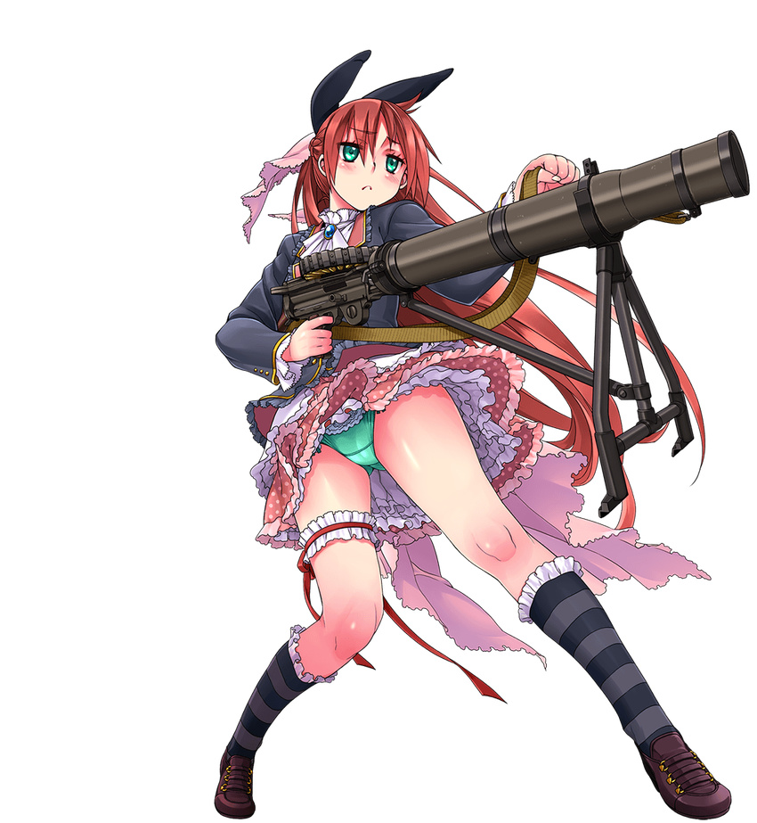 :< aqua_eyes aqua_panties bridal_garter female frilled_socks frills full_body gun holding jitome layered_skirt lewis_gun long_hair long_sleeves machine_gun panties petticoat polka_dot polka_dot_skirt red_eyes shooting_girl skirt socks solo striped_clothes striped_socks touge_umi_(shooting_girl) transparent_background underwear upskirt weapon yone_(qtron)