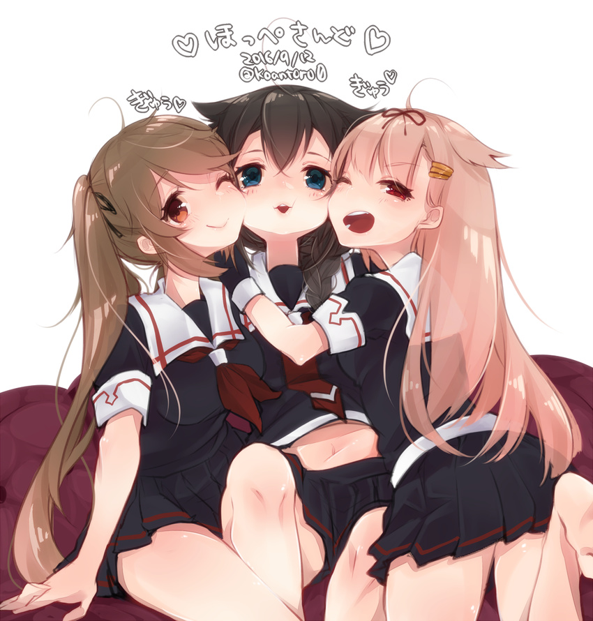 3girls :i ;) ;o ahoge bad_id bad_nicoseiga_id barefoot black_gloves black_hair black_ribbon black_serafuku black_skirt blonde_hair blue_eyes blush braid breasts brown_eyes brown_hair cheek-to-cheek cointreau dated gloves hair_flaps hair_ornament hair_over_shoulder hair_ribbon hairclip heads_together highres hug kantai_collection long_hair looking_back medium_breasts multiple_girls murasame_(kancolle) navel neckerchief no_scarf one_eye_closed open_mouth pleated_skirt red_eyes red_neckerchief ribbon school_uniform serafuku shigure_(kancolle) shigure_kai_ni_(kancolle) short_sleeves simple_background single_braid sitting skirt smile straight_hair translated twintails twitter_username white_background yuudachi_(kancolle) yuudachi_kai_ni_(kancolle)