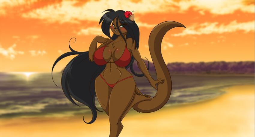 beach big_breasts bikini breasts clothing female flower huge_breasts lei-lani mammal mastergodai mustelid otter plant seaside solo sunset swimwear