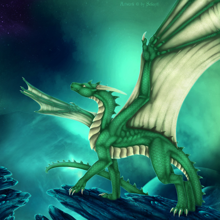 1:1 2019 claws digital_media_(artwork) dragon european_mythology feral green_body green_eyes green_scales hi_res jasafarid mythological_creature mythological_scalie mythology night outside scales scalie selianth solo spines tail western_dragon