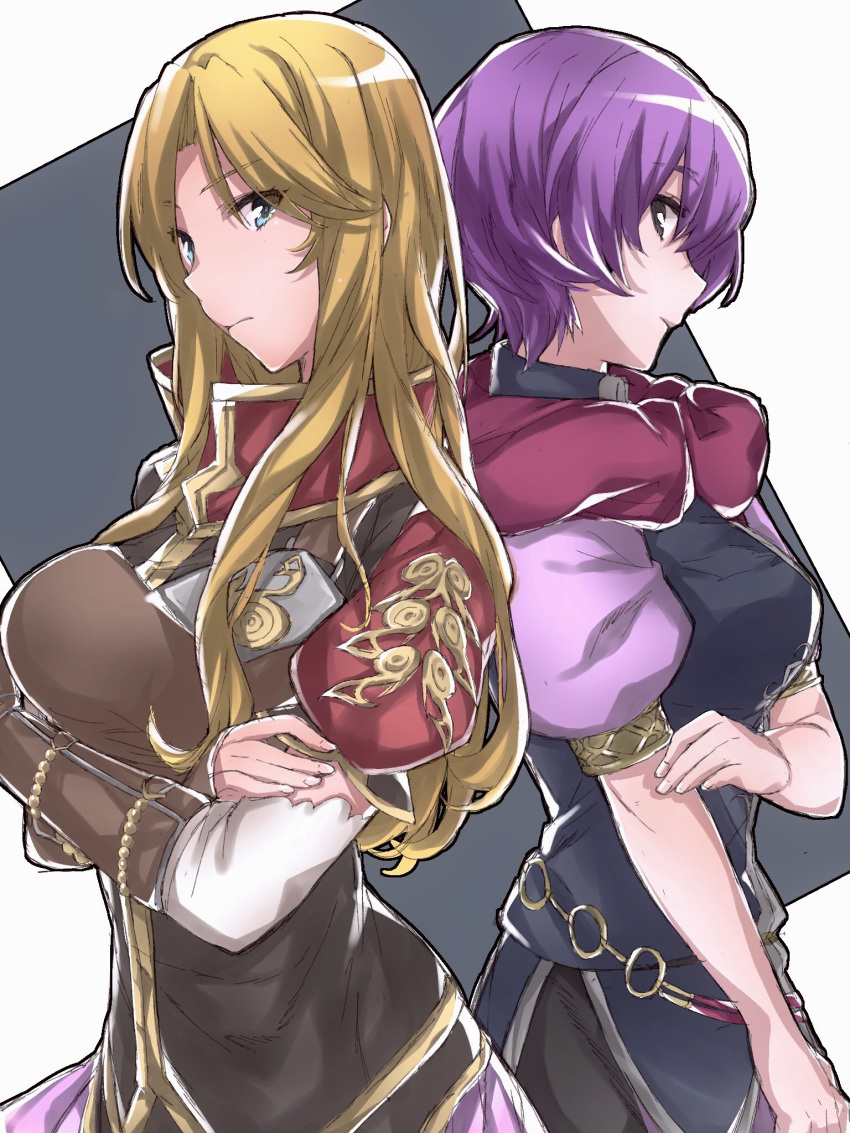 2girls aiueo1234853 back-to-back bad_id bad_twitter_id blonde_hair blue_eyes clarisse_(fire_emblem) closed_mouth commentary_request dress elbow_gloves fingerless_gloves fire_emblem fire_emblem:_new_mystery_of_the_emblem from_side gloves highres katarina_(fire_emblem) long_hair multiple_girls purple_hair red_scarf scarf short_hair short_sleeves