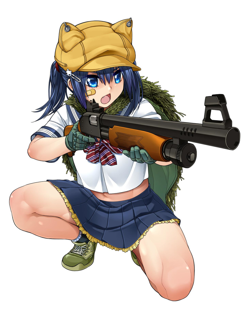 animal_ears bad_link bandaid bandaid_on_face blonde_hair blue_eyes camouflage fake_animal_ears female full_body gloves gun hair_ornament hairclip hat highres mossberg_500 oerba_yun_fang open_mouth pleated_skirt pump_action shoes shooting_girl shotgun simple_background skirt sneakers solo squatting weapon white_background