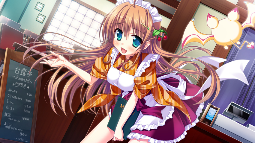 apron blue_eyes brown_hair game_cg headband long_hair magical_marriage_lunatics!! maid moonstone yamakaze_ran yuuna_shirahase