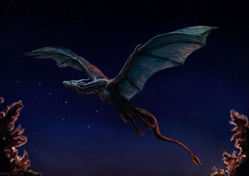 2018 digital_media_(artwork) dragon european_mythology feral hi_res horn membrane_(anatomy) membranous_wings mythological_creature mythological_scalie mythology night noquelle outside scalie slideshow solo tail western_dragon wings wyvern yellow_eyes