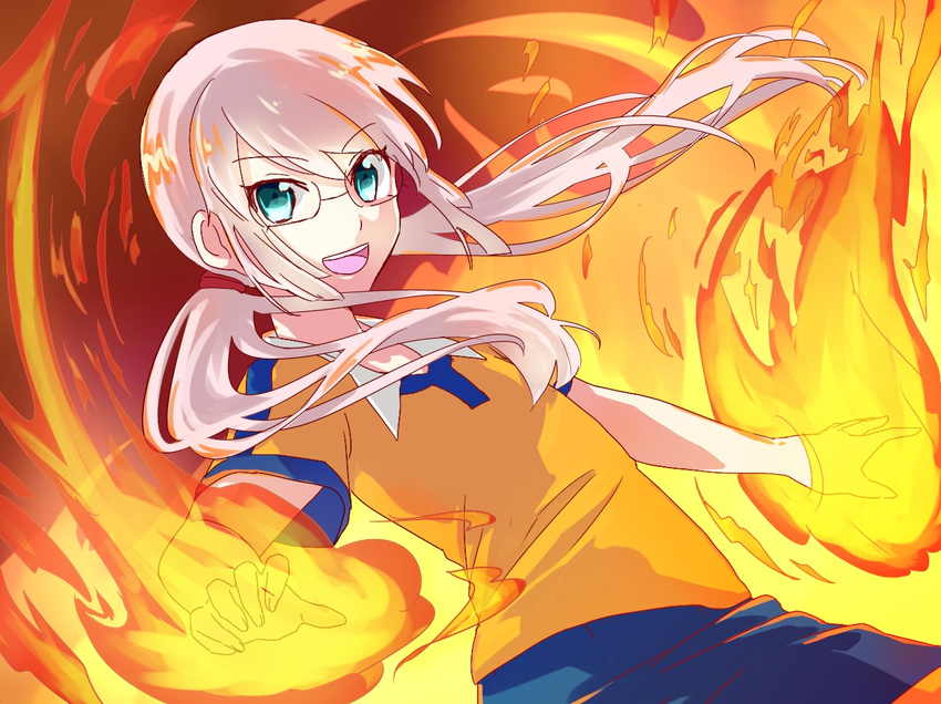 1boy bad_id bad_pixiv_id fire glasses green_eyes inazuma_eleven_(series) inazuma_eleven_go inazuma_eleven_go_chrono_stone kirino_ranmaru kirino_ranmaru_(mixi_max_jeanne_d'arc) la_flamme long_hair male_focus open_mouth pimgier pink_hair raimon raimon_soccer_uniform soccer_uniform solo sportswear twintails