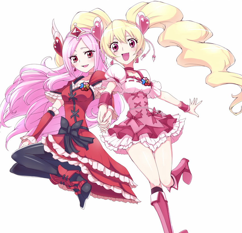 2girls :d black_bow black_pantyhose blonde_hair boots bow choker commentary_request cure_passion cure_peach fresh_precure! heart higashi_setsuna holding_hands interlocked_fingers long_hair looking_at_viewer magical_girl momozono_love multiple_girls open_mouth pantyhose pink_bow pink_choker pink_eyes pink_hair pink_wrist_cuffs precure simple_background skirt smile sumiosmith twintails waist_bow white_background white_choker wrist_cuffs