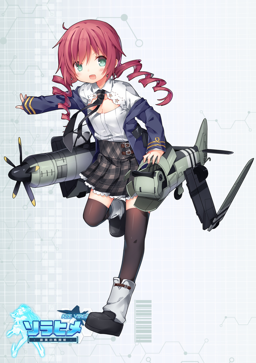 :d ace_virgin aqua_eyes commentary drill_hair female full_body hawker_sea_fury highres miniskirt necktie open_mouth personification pleated_skirt propeller red_hair sea_fury_(ace_virgin) shenbei_xiaoqiu skirt smile solo standing thighhighs uniform wings