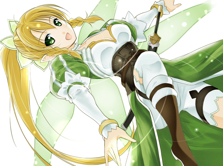 alternate_breast_size bike_shorts blonde_hair boots braid breasts cleavage commentary_request female green_eyes green_wings katana leafa long_hair medium_breasts moonsorrow multiple_wings pointy_ears ponytail sheath sheathed sword sword_art_online thighhighs twin_braids very_long_hair weapon wings