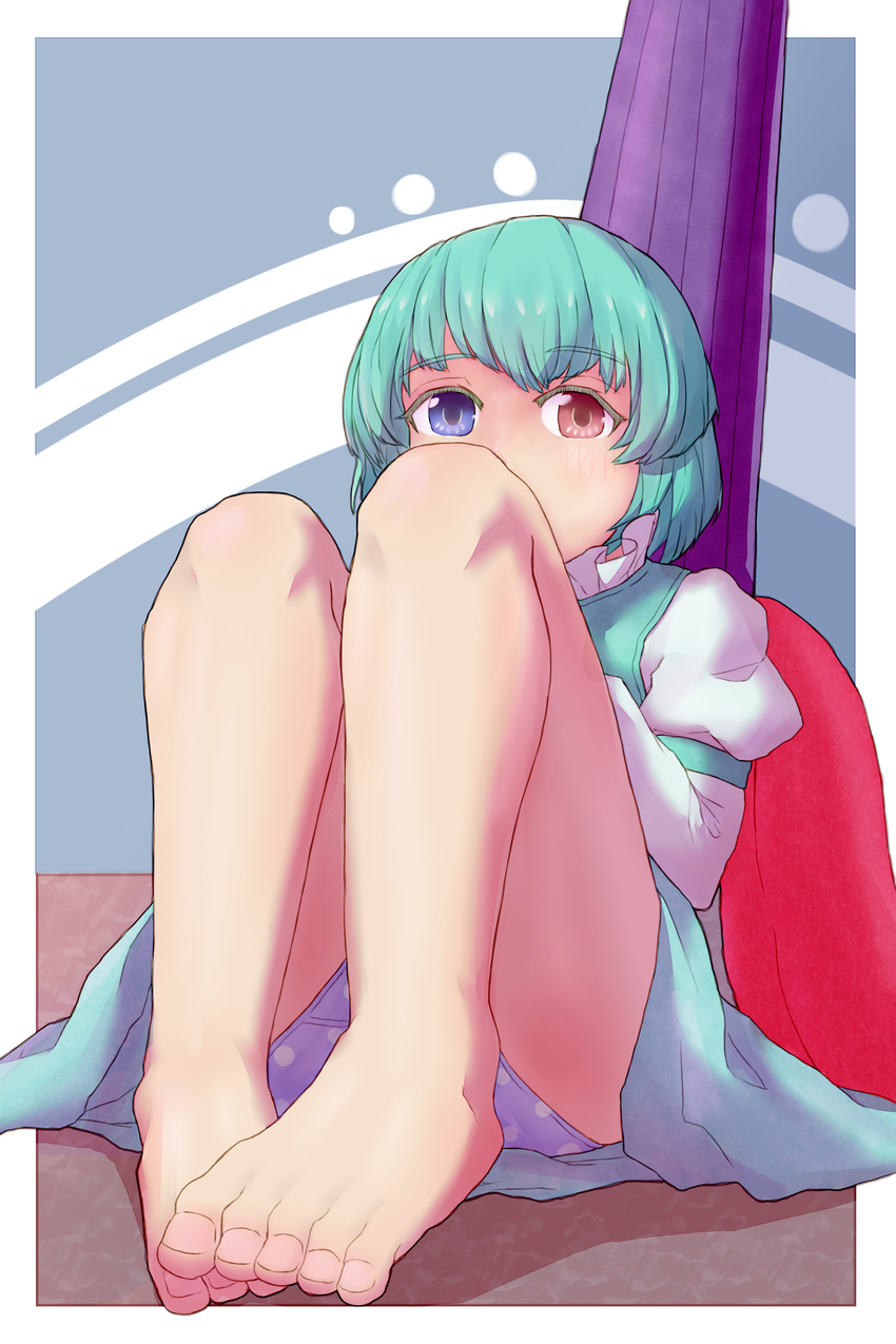 absurdres bare_legs barefoot blue_eyes blue_hair blue_skirt blue_vest blush colored_eyelashes commentary_request female guro_mental heterochromia highres juliet_sleeves karakasa_obake long_sleeves panties pantyshot puffy_sleeves red_eyes shirt sitting skirt skirt_set solo tatara_kogasa touhou umbrella underwear vest white_shirt