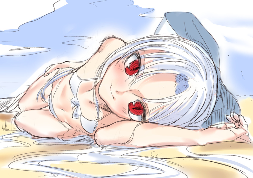 beach bikini blush bow commentary_request female flat_chest hairbow haraguro_jakku long_hair looking_at_viewer lying melty_blood navel on_side red_eyes slit_pupils smile solo swimsuit tsukihime white_bikini white_hair white_len_(tsukihime)