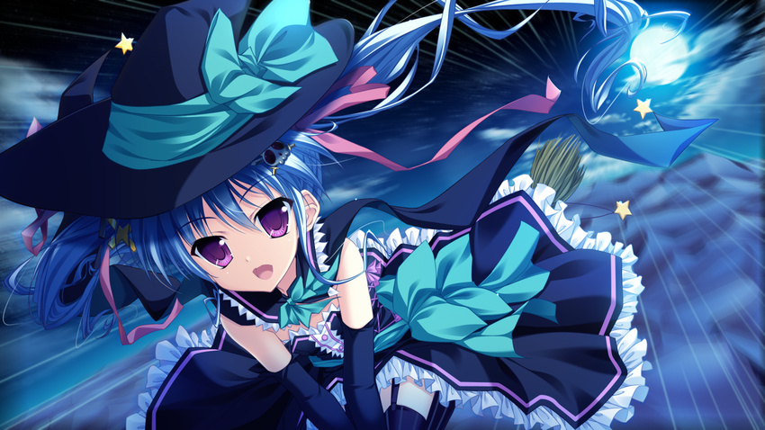 blue_hair elbow_gloves game_cg long_hair magical_marriage_lunatics!! moon moonstone night purple_eyes ribbons ruruna thighhighs twintails witch_hat yamakaze_ran