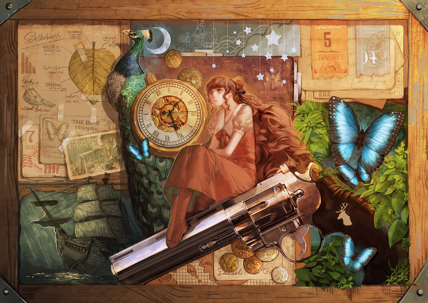 bird brown_eyes brown_hair bug butterfly castle coin commentary_request dress et.m female gun handgun leaf long_hair map original pantyhose passport peacock photoshop_(medium) pocket_watch revolver ship sidelocks sitting solo star_(symbol) watch water watercraft weapon