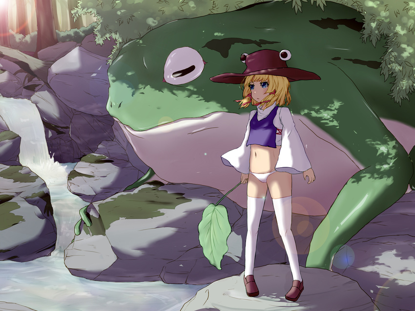 blonde_hair blouse blue_eyes commentary_request crop_top cropped_vest female frog guro_mental hat highres loafers long_sleeves lowleg lowleg_panties midriff moriya_suwako navel no_pants outdoors panties photoshop_(medium) shirt shoes sidelocks thighhighs touhou underwear vest white_legwear white_panties white_shirt wide_sleeves