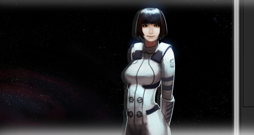 arms_behind_back black_hair blunt_bangs bob_cut bodysuit brown_eyes commentary_request echilo female hoshijiro_shizuka looking_at_viewer photoshop_(medium) pilot_suit realistic reflection short_hair sidonia_no_kishi sky smile solo spacesuit star_(sky) starry_sky uniform window