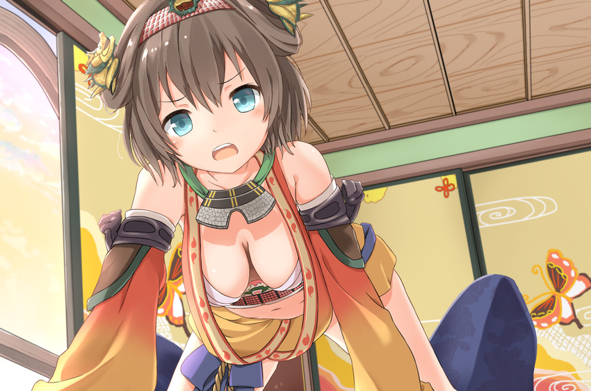 blue_eyes bluekalmia breasts breasts_apart brown_hair cleavage commentary detached_sleeves female hair_ornament indoors medium_breasts orange_sleeves oshiro_project:re short_hair shuri_(oshiro_project) solo