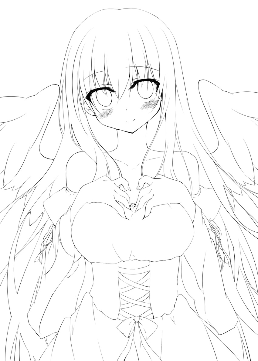 angel_wings bad_id bad_pixiv_id bare_shoulders blush breasts dress female fiira_(inose_riku) greyscale hands_on_own_chest highres inose_riku large_breasts line_art long_hair looking_at_viewer monochrome original smile solo strapless strapless_dress transparent_background very_long_hair wings