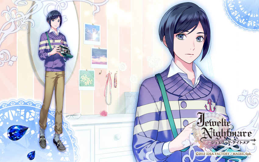 1boy 2013 anchor_symbol bishounen black_hair blue_gemstone camera company_name copyright_name expressionless full_body gem grey_eyes highres jewelic_nightmare male_focus official_art pants purple_shirt shirt shoes solo standing sumihara_aoshi sweater yamamoto_kana zoom_layer