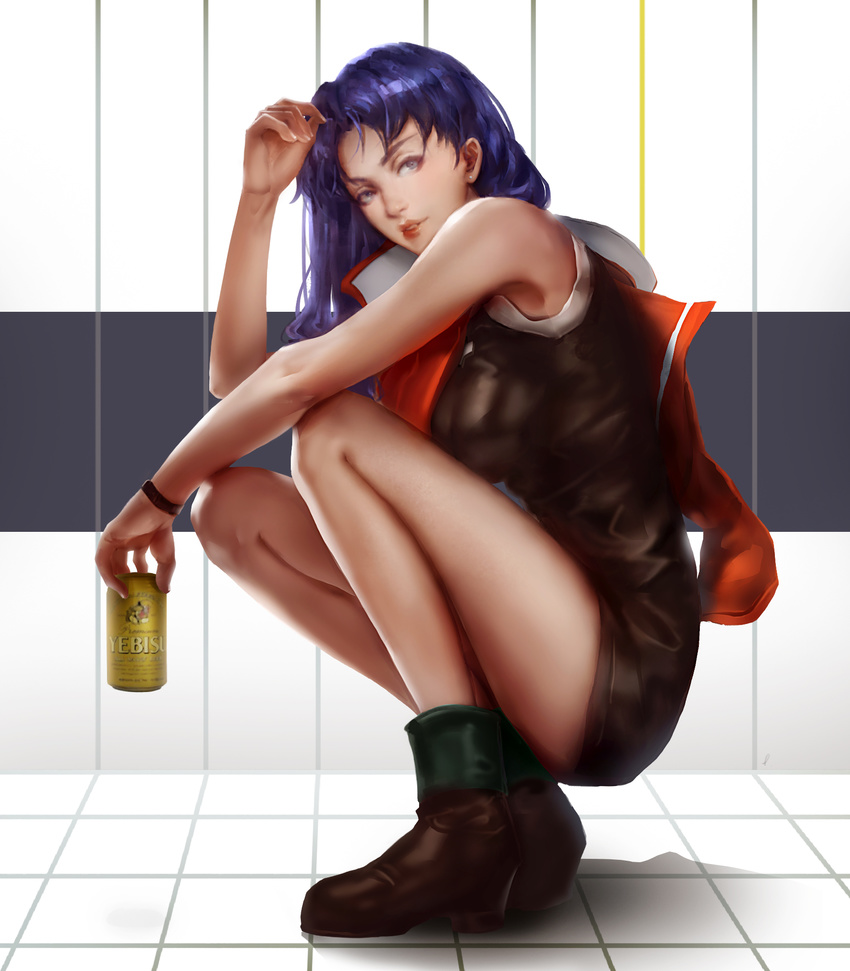 bare_arms bare_shoulders beer_can blue_eyes blue_hair breasts brown_dress can caviar_(lunar_sama) commentary_request dress drink_can female from_side highres holding holding_can katsuragi_misato large_breasts lips lipstick long_hair long_legs makeup neon_genesis_evangelion parted_bangs parted_lips photoshop_(medium) purple_hair short_dress solo thighs tile_floor tile_wall tiles yebisu