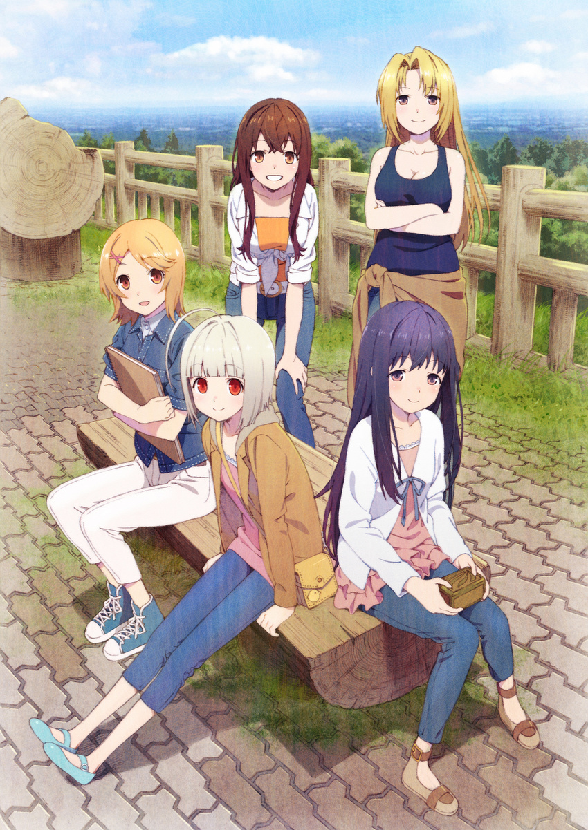 5girls ahoge aizawa_nagisa_(fuuraiki) blonde_hair brown_eyes brown_hair commentary_request fuuraiki fuuraiki_3 grey_hair highres long_hair mizushina_sayo multiple_girls outdoors photoshop_(medium) purple_eyes purple_hair red_eyes sakaki_chihiro_(fuuraiki) shiwasu_takashi tomura_izumi yukishiro_akari