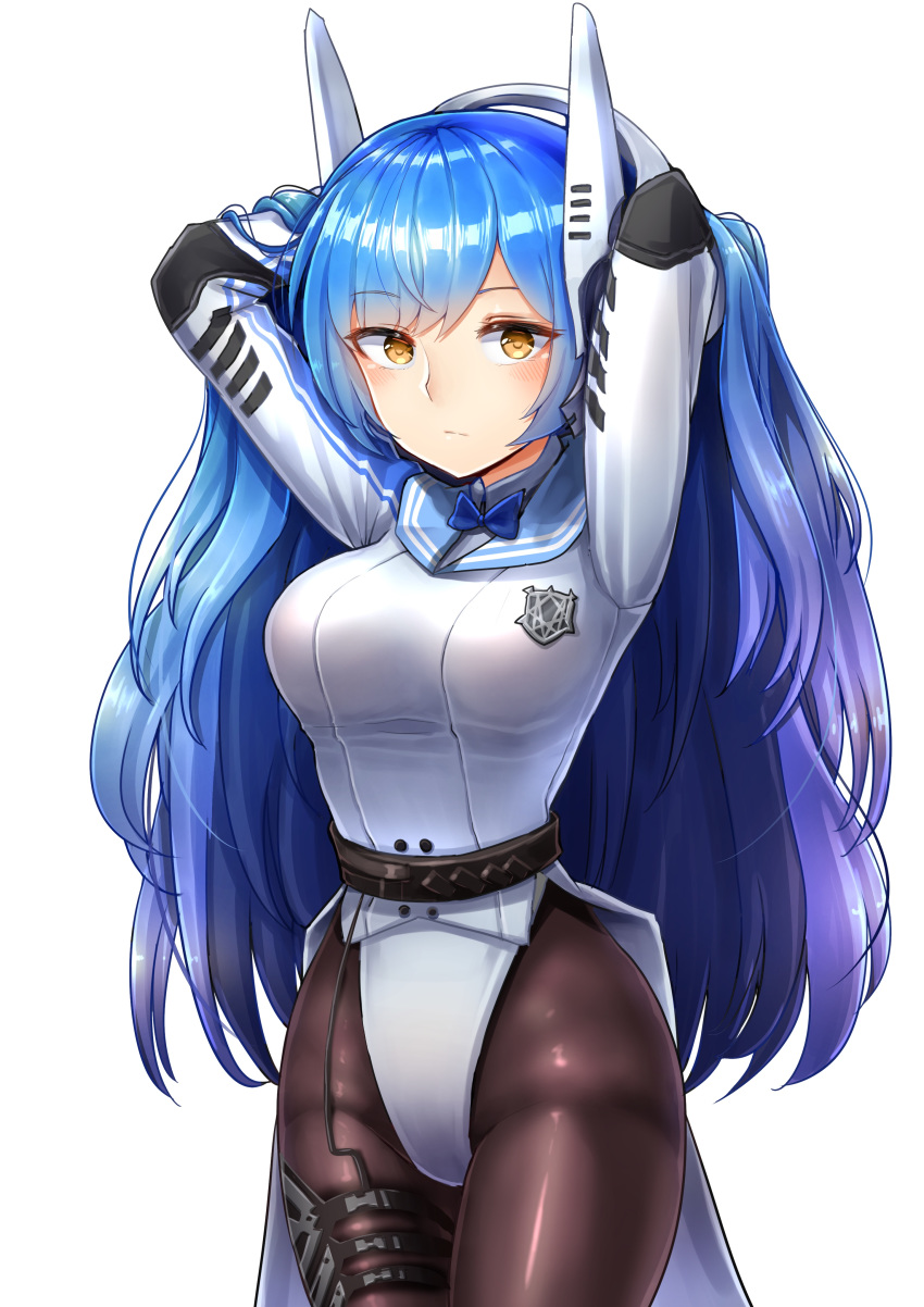 absurdres arms_behind_head bad_id bad_pixiv_id bangs belt black_legwear blue_bow blue_hair blue_neckwear blush bow bowtie breasts closed_mouth commentary cowboy_shot eyebrows_visible_through_hair girls_frontline groin gui_ss hair_between_eyes headgear highres jacket large_breasts leotard long_hair looking_at_viewer pantyhose sidelocks simple_background solo tar-21_(girls_frontline) thigh_strap thighs very_long_hair white_background white_leotard yellow_eyes