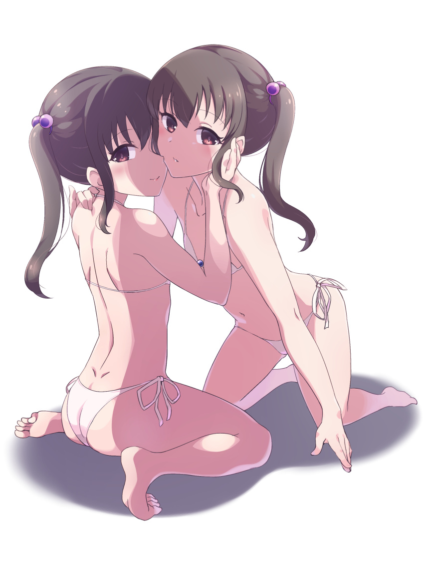 2girls absurdres bikini blush brown_hair hair_ornament kneeling looking_at_viewer photokano sakura_mai_(photokano) selfcest shadow side-tie_bikini simple_background swimsuit twintails white_background white_bikini yuri