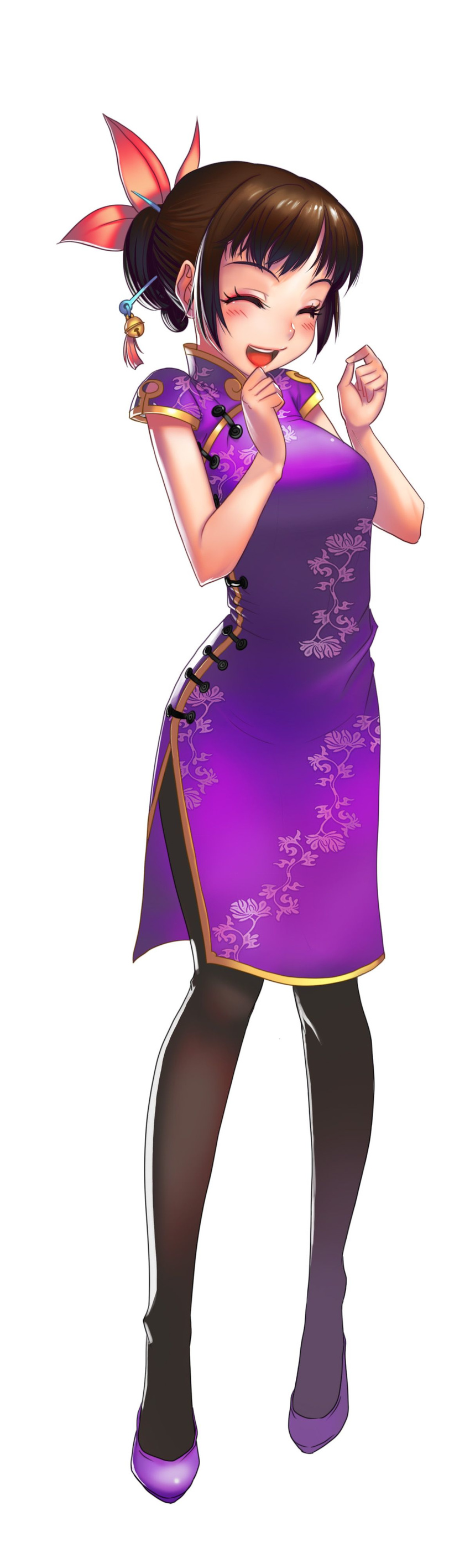 absurdres artist_request bell brown_hair china_dress chinese_clothes closed_eyes dress female full_body green_eyes hair_bun happy highres janryuumon meiling_(janryuumon) open_mouth pantyhose photoshop_(medium) purple_dress short_hair short_sleeves single_hair_bun smile solo