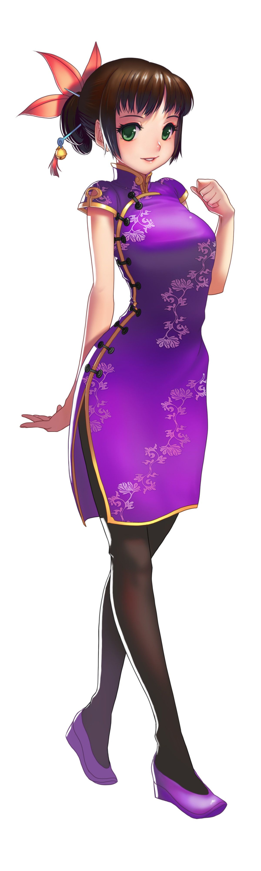 absurdres artist_request brown_hair china_dress chinese_clothes dress female full_body green_eyes hair_bun highres janryuumon meiling_(janryuumon) pantyhose parted_lips photoshop_(medium) purple_dress short_hair short_sleeves single_hair_bun solo