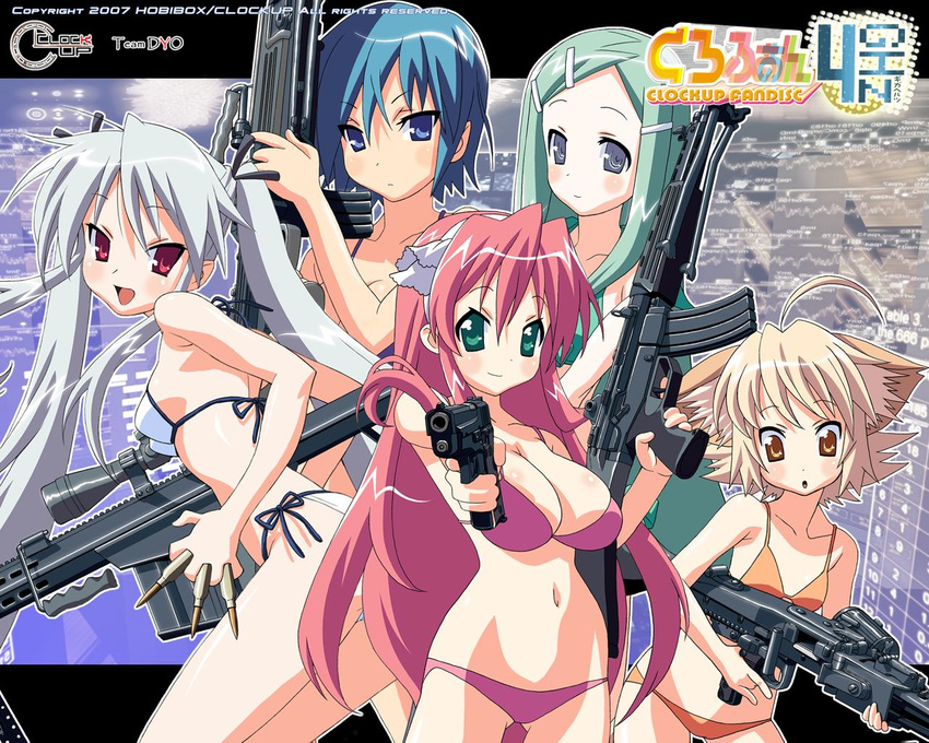 5girls :d ahoge alias alias_(zwei_worter) animal_ears bikini blonde_hair blue_eyes blue_hair blush breasts bullet cleavage dual_wielding flat_chest gouri_yukie green_eyes green_hair gun hair_ornament hairband hairclip handgun illuda_toryariya imanaka_koutarou large_breasts leaning_forward long_hair looking_back lowleg lowleg_bikini multiple_girls navel open_mouth orange_eyes pink_hair red_eyes rifle short_hair side-tie_bikini silver_hair smile swimsuit very_long_hair wadatsumi_sakuya wallpaper weapon zerono_piano zwei_worter