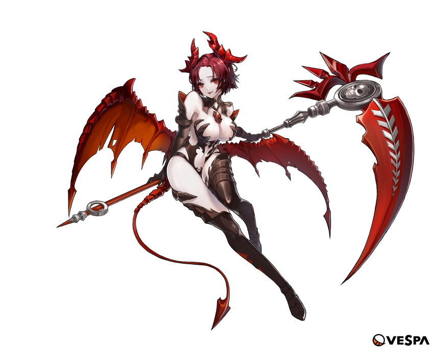 bad_id bad_twitter_id bare_shoulders between_breasts breasts company_name demon_girl demon_horns demon_tail demon_wings detached_collar elbow_gloves epis ezu_(leejiyu) female full_body gem gloves highres horns king's_raid large_breasts looking_at_viewer navel official_art pale_skin red_eyes red_hair red_lips revealing_clothes scythe short_hair simple_background smile solo tail torn_wings transparent_background wings