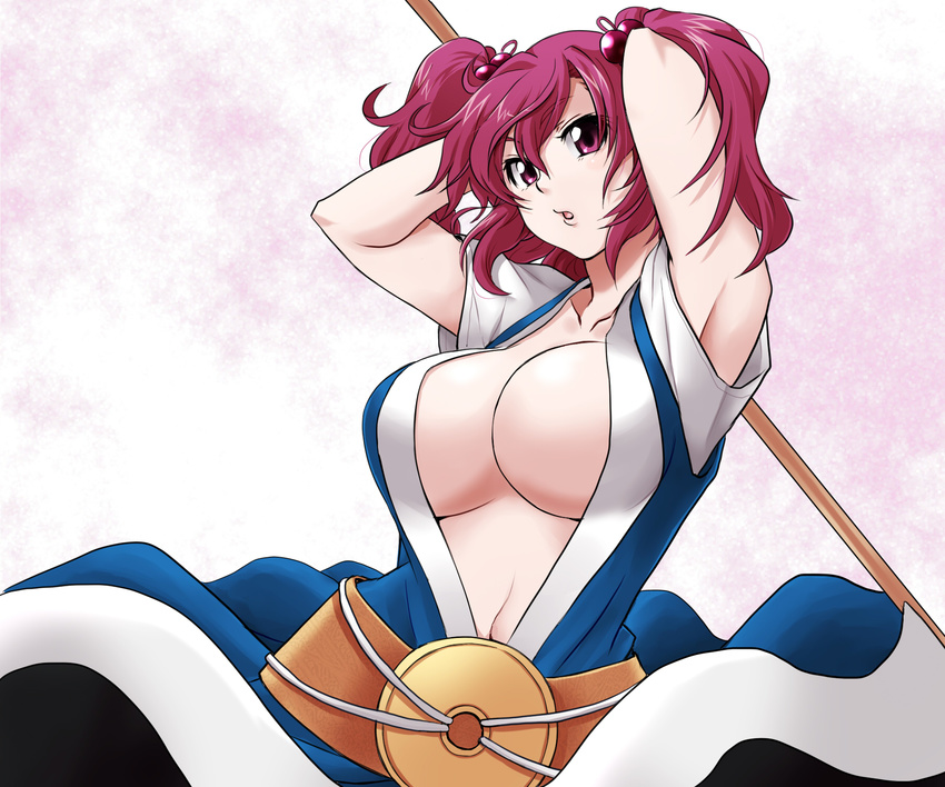 adjusting_hair armpits arms_up breasts center_opening cleavage collarbone commentary_request female hair_bobbles hair_ornament highres innerboob large_breasts navel no_bra onozuka_komachi ooike_teru parted_bangs red_eyes red_hair short_hair solo touhou two_side_up upper_body