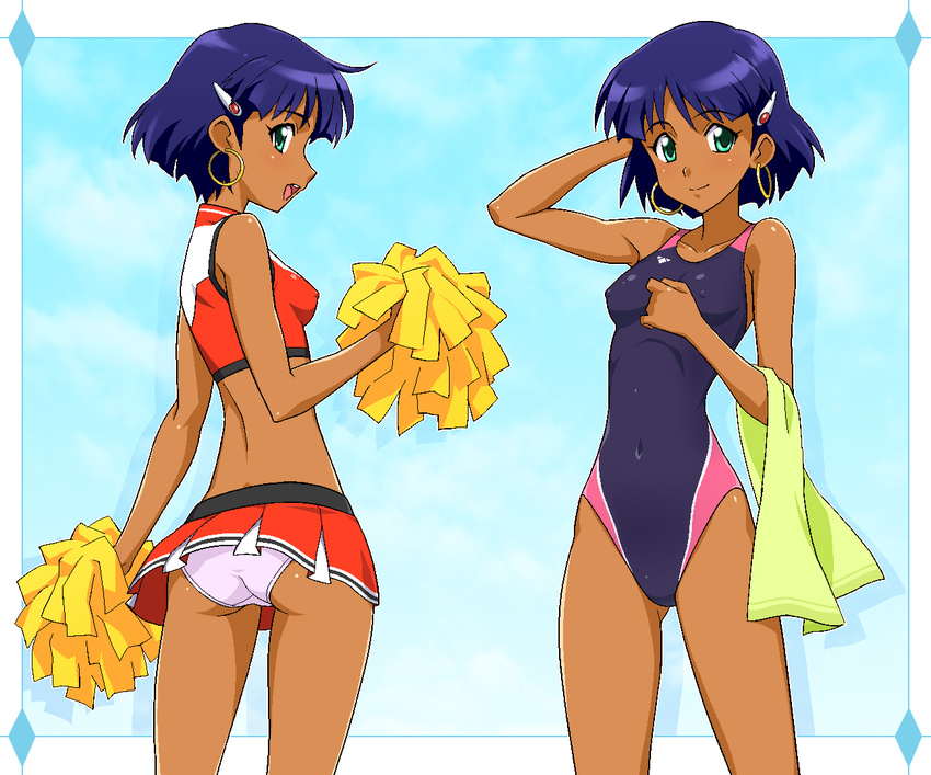 arm_behind_head ass back bare_shoulders bob_cut breasts cheerleader competition_swimsuit covered_nipples dark-skinned_female dark_skin earrings female fushigi_no_umi_no_nadia hair_ornament hairclip hoop_earrings itoji jewelry light_smile looking_back microskirt midriff nadia_la_arwall one-piece_swimsuit panties pantyshot pom_pom_(cheerleading) purple_hair short_hair skirt small_breasts smile swimsuit time_paradox towel underwear