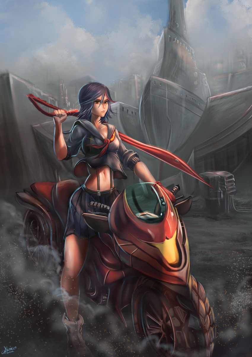 absurdres bad_id bad_pixiv_id black_hair blue_eyes breasts cleavage female highres johnson_zhuang kill_la_kill matoi_ryuuko midriff motor_vehicle motorcycle navel over_shoulder pleated_skirt school_uniform scissor_blade_(kill_la_kill) senketsu serafuku shoes short_hair skirt sneakers solo suspenders weapon weapon_over_shoulder