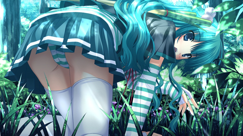 aqua_hair arm_support blue_eyes blush cameltoe detached_sleeves female female fingerless_gloves game_cg gloves hair_ornament long_hair looking_at_viewer mysterious_girl_(tomodachi_ijou_koibito_miman) open_mouth panties pleated_skirt shirt short_sleeves skirt solo striped striped_panties striped_sleeves studio_mebius sunbeam t-shirt thighhighs tomodachi_ijou_koibito_miman underwear white_gloves white_legwear white_thighhighs zettai_ryouiki