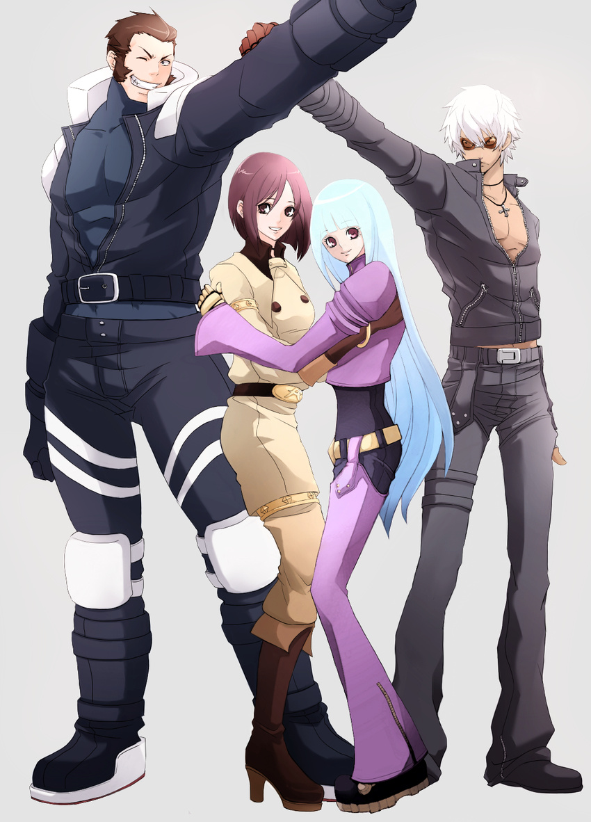 2boys 2girls belt brown_hair choker_(pixiv) commentary_request eyelashes glasses grin happy high_heels highres jacket k'_(kof) kula_diamond leather long_hair looking_at_viewer maxima multiple_boys multiple_girls one_eye_closed short_hair smile standing the_king_of_fighters whip_(kof)