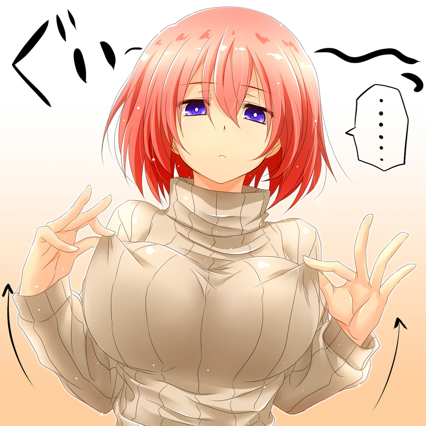 ... :< blue_eyes breasts clothes_pull commentary_request expressionless female gradient_background highres large_breasts looking_at_viewer original photoshop_(medium) red_hair ribbed_sweater setana short_hair solo spoken_ellipsis sweater sweater_pull turtleneck watarui