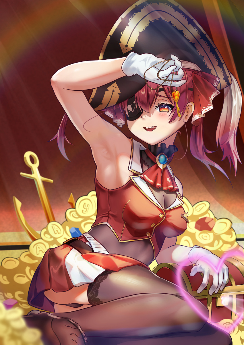 absurdres arm_up armpits ascot black_choker black_hat black_thighhighs breasts choker cleavage coin cropped_jacket eyepatch female frilled_choker frills gloves gold_coin hair_ribbon hat highres holding holding_key hololive houshou_marine houshou_marine_(1st_costume) jacket key kurere1202 lace-trimmed_legwear lace_trim large_breasts leotard leotard_under_clothes long_hair md5_mismatch miniskirt no_shoes open_mouth pirate_hat pleated_skirt red_ascot red_eyes red_hair red_jacket red_ribbon red_skirt resolution_mismatch ribbon skirt sleeveless sleeveless_jacket smile soles solo source_smaller thighhighs toes treasure_chest twintails virtual_youtuber white_gloves