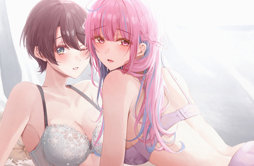 2girls amyu_(amm_asl_pa) armpits bad_id bad_pixiv_id bare_back black_hair blue_hair blush bra braid breasts cleavage collarbone highres hololive large_breasts long_hair looking_at_viewer lower_teeth_only minato_aqua multicolored_hair multiple_girls one_eye_closed oozora_subaru open_mouth pink_hair short_hair teeth underwear virtual_youtuber