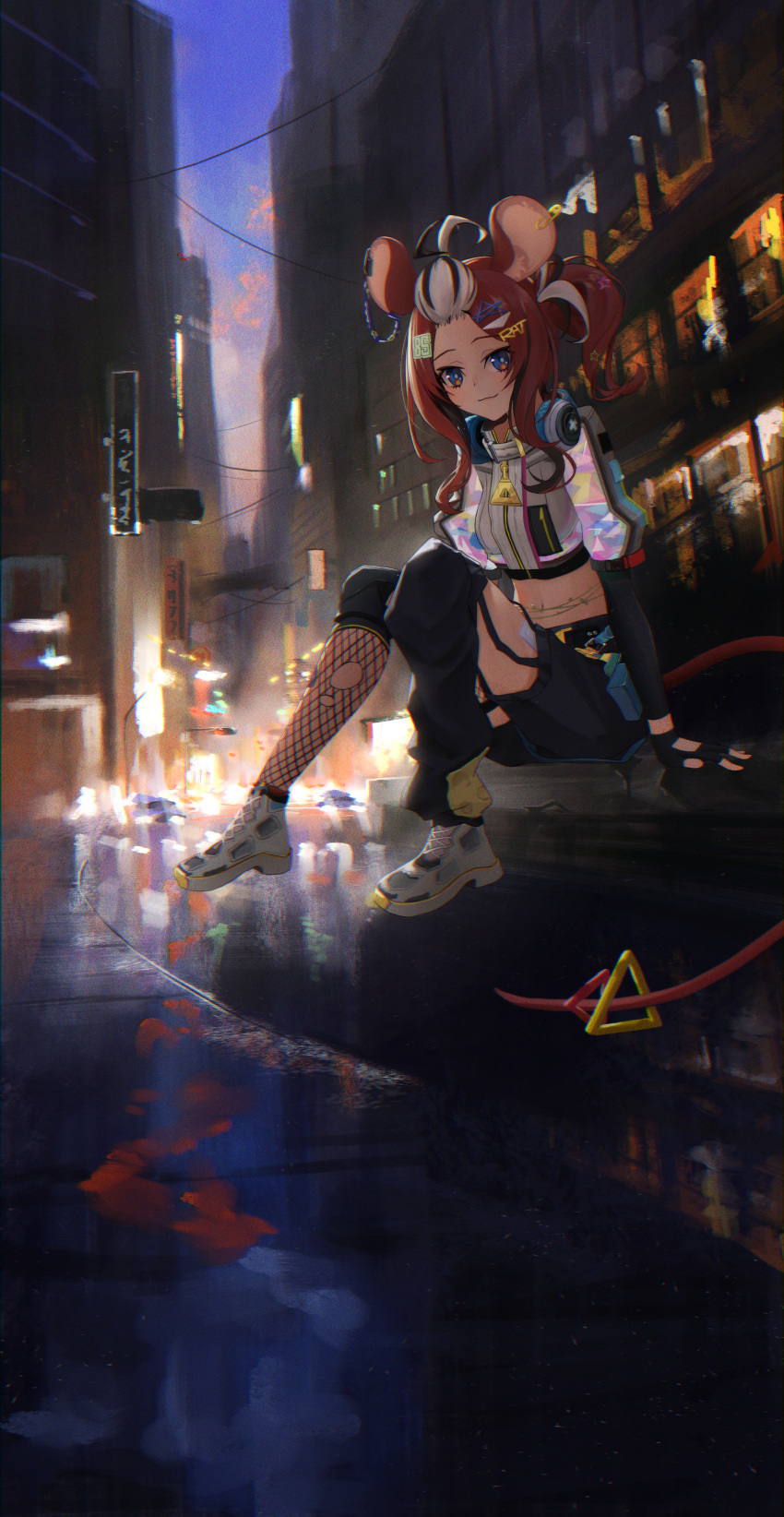 absurdres animal_ears asymmetrical_legwear black_gloves black_hair black_shorts black_sleeves black_tube_top blue_eyes breasts building cropped_jacket female fingerless_gloves fishnet_thighhighs fishnets gloves hair_ornament hakos_baelz hakos_baelz_(casual) headphones headphones_around_neck highres hololive hololive_english isolatediev long_hair looking_at_viewer medium_breasts midriff mouse_ears mouse_girl mouse_tail multicolored_hair navel ponytail puffy_short_sleeves puffy_sleeves red_hair shoes short_shorts short_sleeves shorts single_sleeve sitting smile sneakers solo star_(symbol) star_hair_ornament strapless streaked_hair symbol-shaped_pupils tail tail_ornament thighhighs tube_top virtual_youtuber white_footwear white_hair