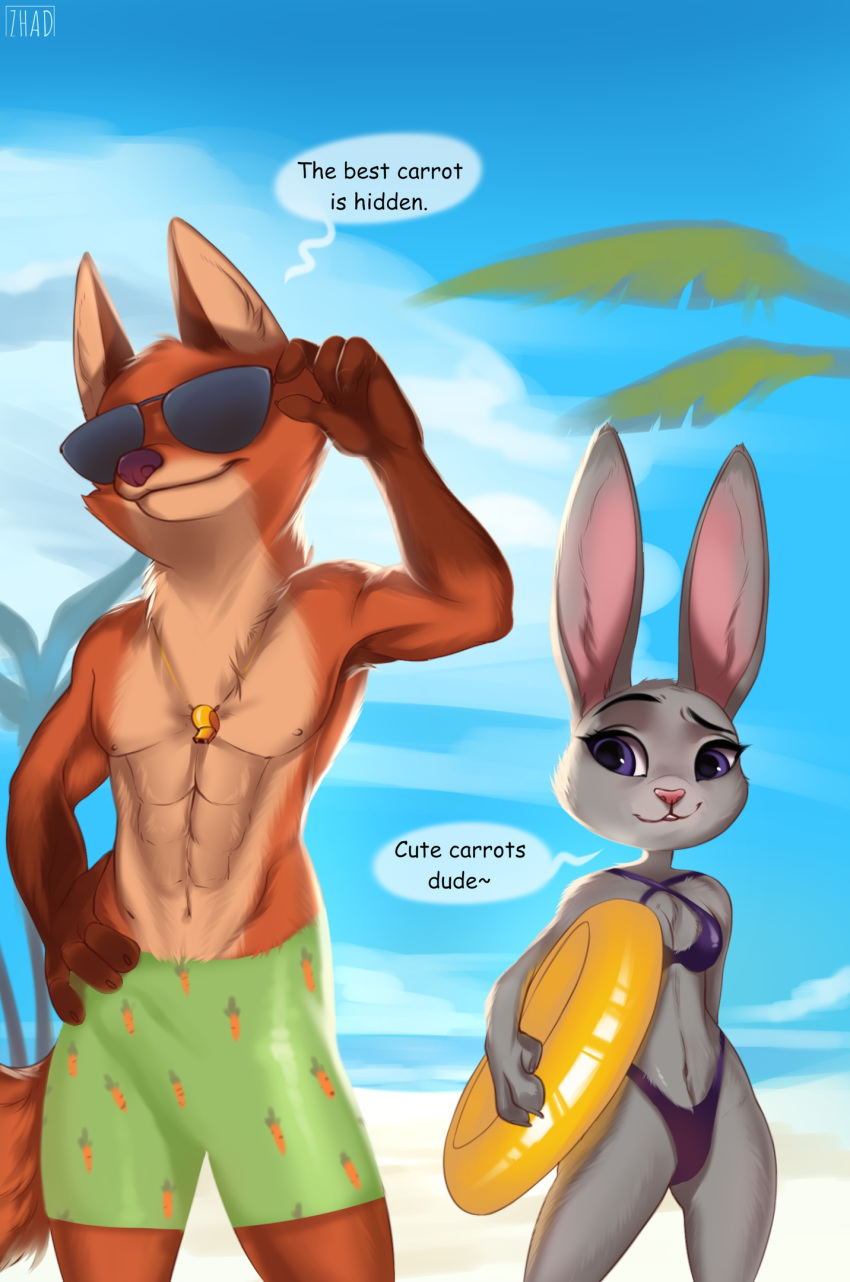 2020 abs anthro bikini canid canine clothed clothing cloud detailed_background dialogue disney duo english_text eyewear female fox fur grey_body grey_fur hi_res inflatable inner_tube judy_hopps lagomorph leporid male mammal muscular muscular_male nick_wilde orange_body orange_fur outside palm_tree pecs plant purple_eyes rabbit red_fox sky speech_bubble standing sunglasses swimwear text topless tree true_fox whistle_(disambiguation) zhadart zootopia