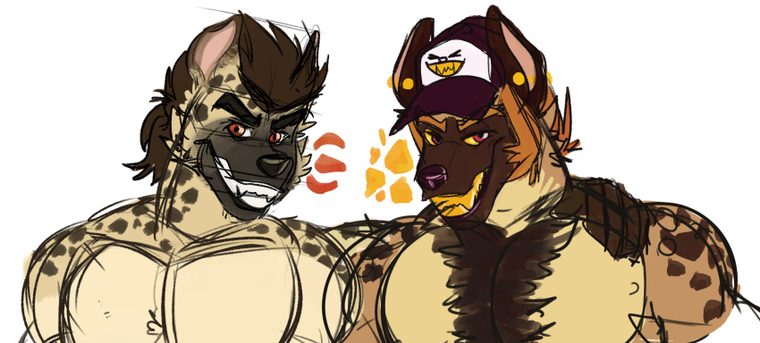 anthro arkentian_idiot biceps brown_body brown_fur duo fur hair hi_res hyena male male/male mammal muscular muscular_anthro muscular_male pecs simple_background